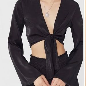Out from under urban outfitters black tie front top size L shiny